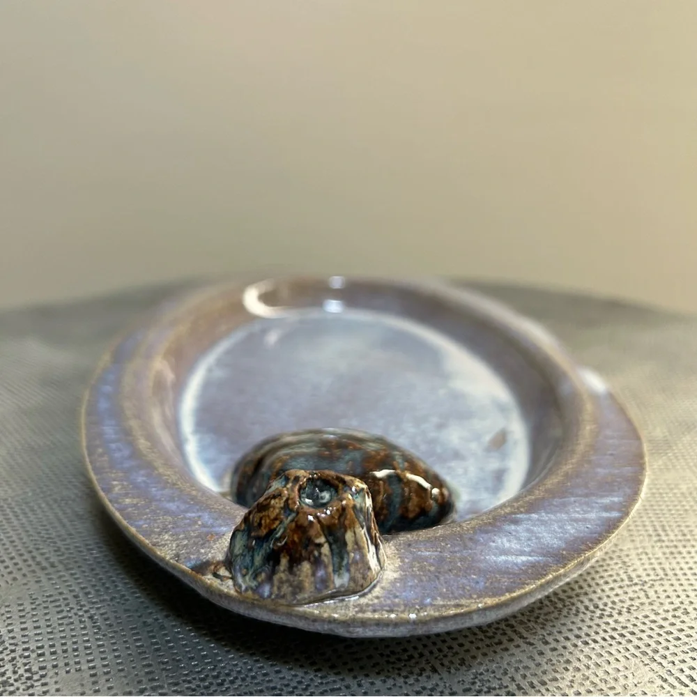Studio Pottery ~ Decorative Handmade Oval Pottery Tray with Shell and Barnacle